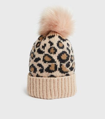 Brown Leopard Print Faux Fur Bobble Hat 