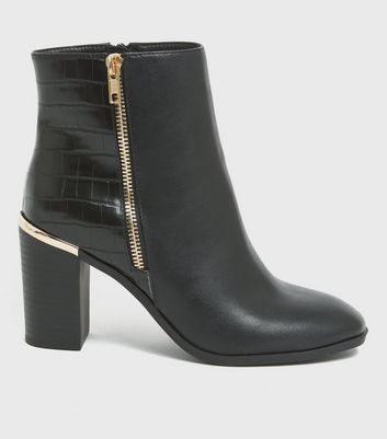 Black Faux Croc Metal Trim Block Heel Ankle Boots