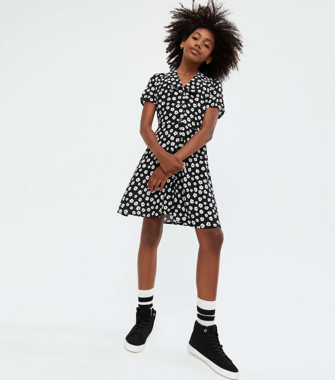 Girls Black Floral Collared Button Up Dress