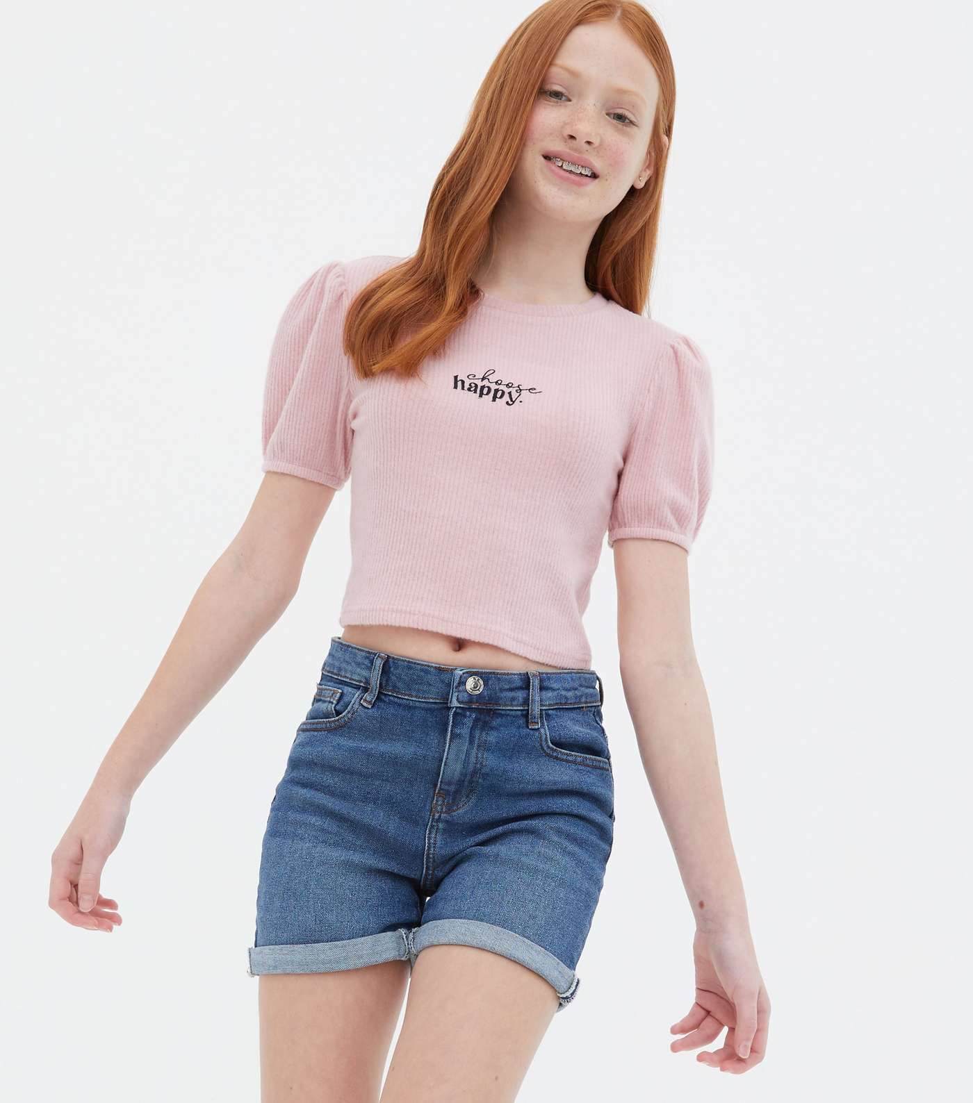 Girls Pale Pink Fine Knit Puff Sleeve Logo Top