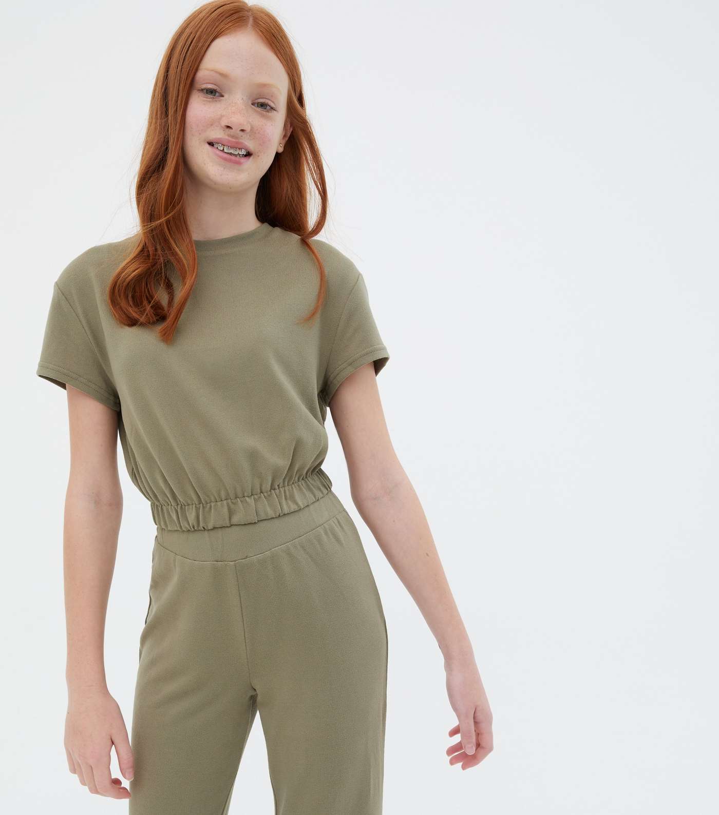 Girls Olive Fine Knit T-Shirt and Trousers Set