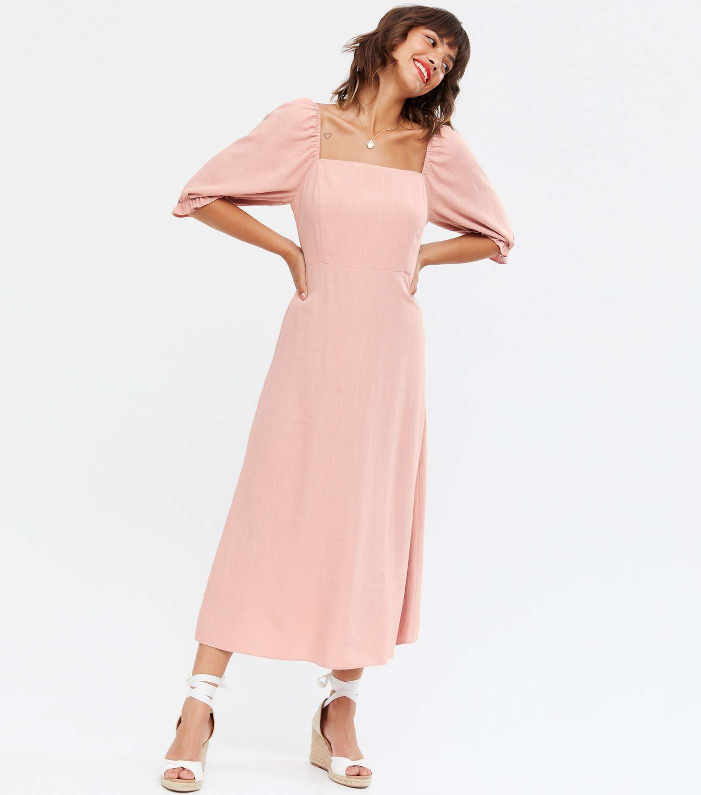 Pink Linen Look Square Neck Midi Dress Image 2