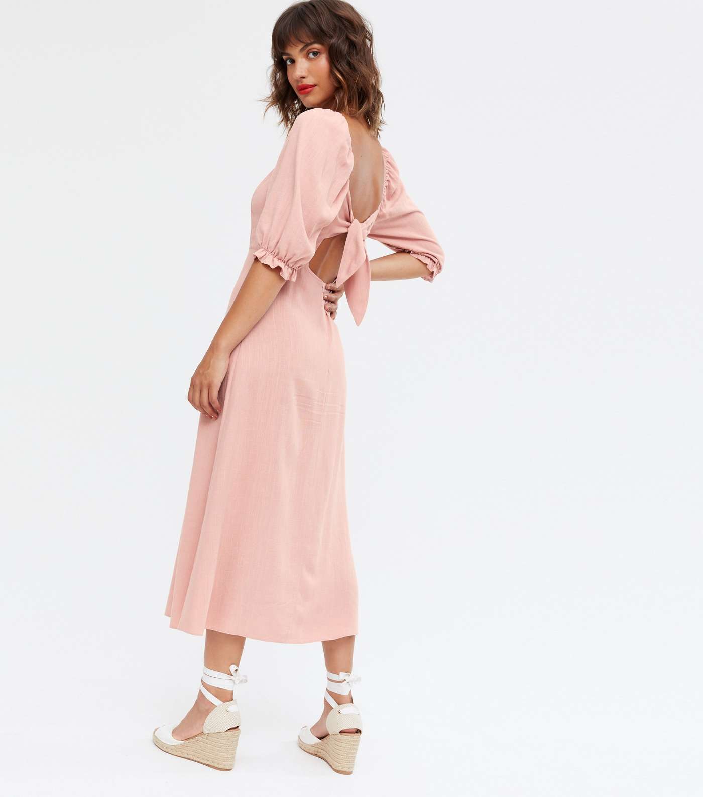 Pink Linen Look Square Neck Midi Dress Image 4