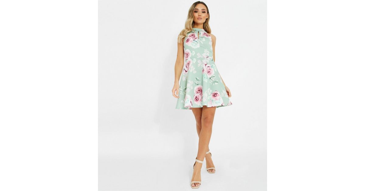 QUIZ Mint Green Floral Wrap Skater Dress New Look