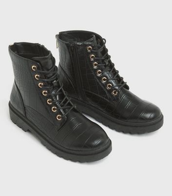 Teenager Schuhe für Mädchen Girls Black Faux Croc Chunky Lace Up Boots