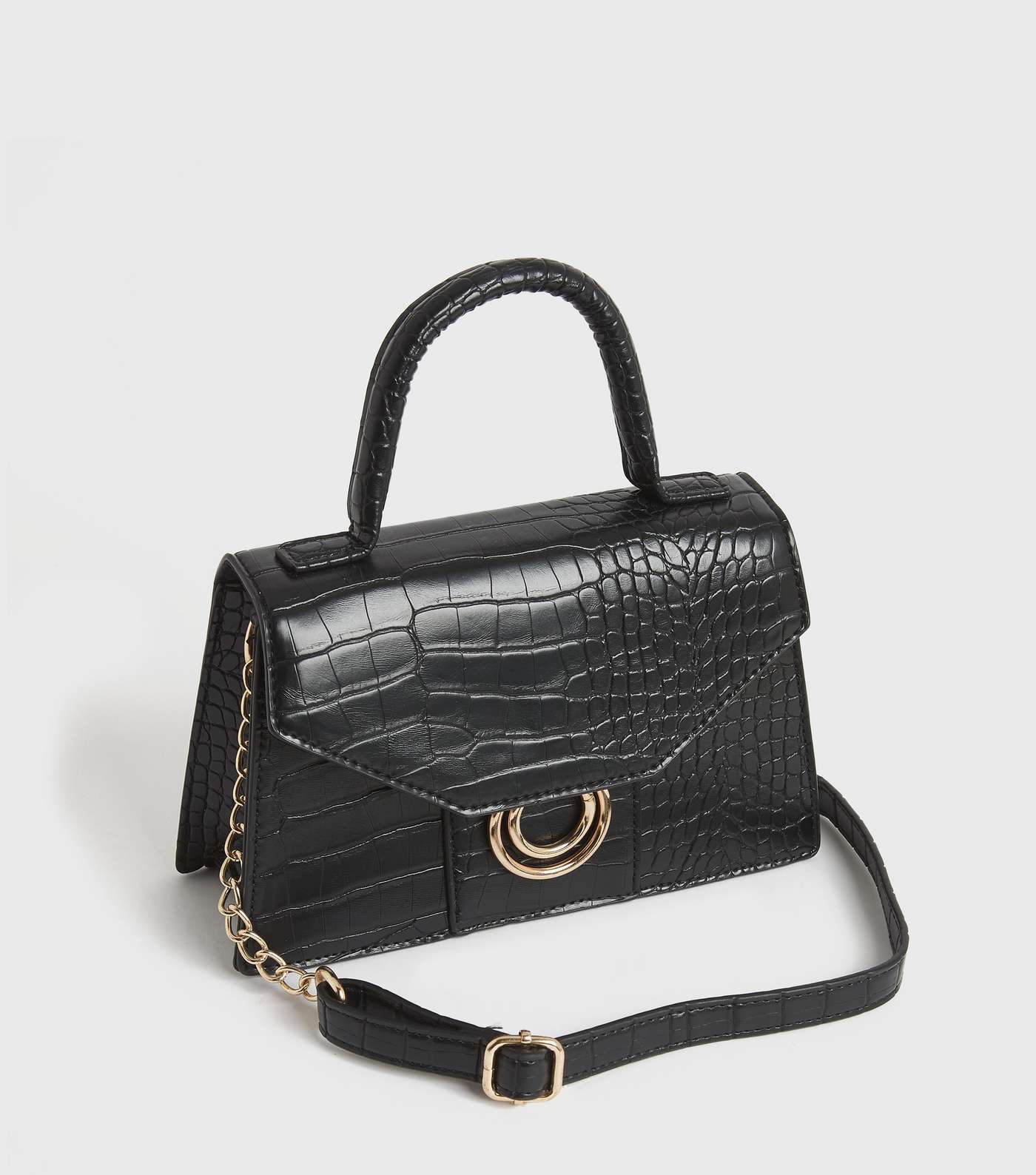Black Faux Croc Ring Front Chain Cross Body Bag Image 3