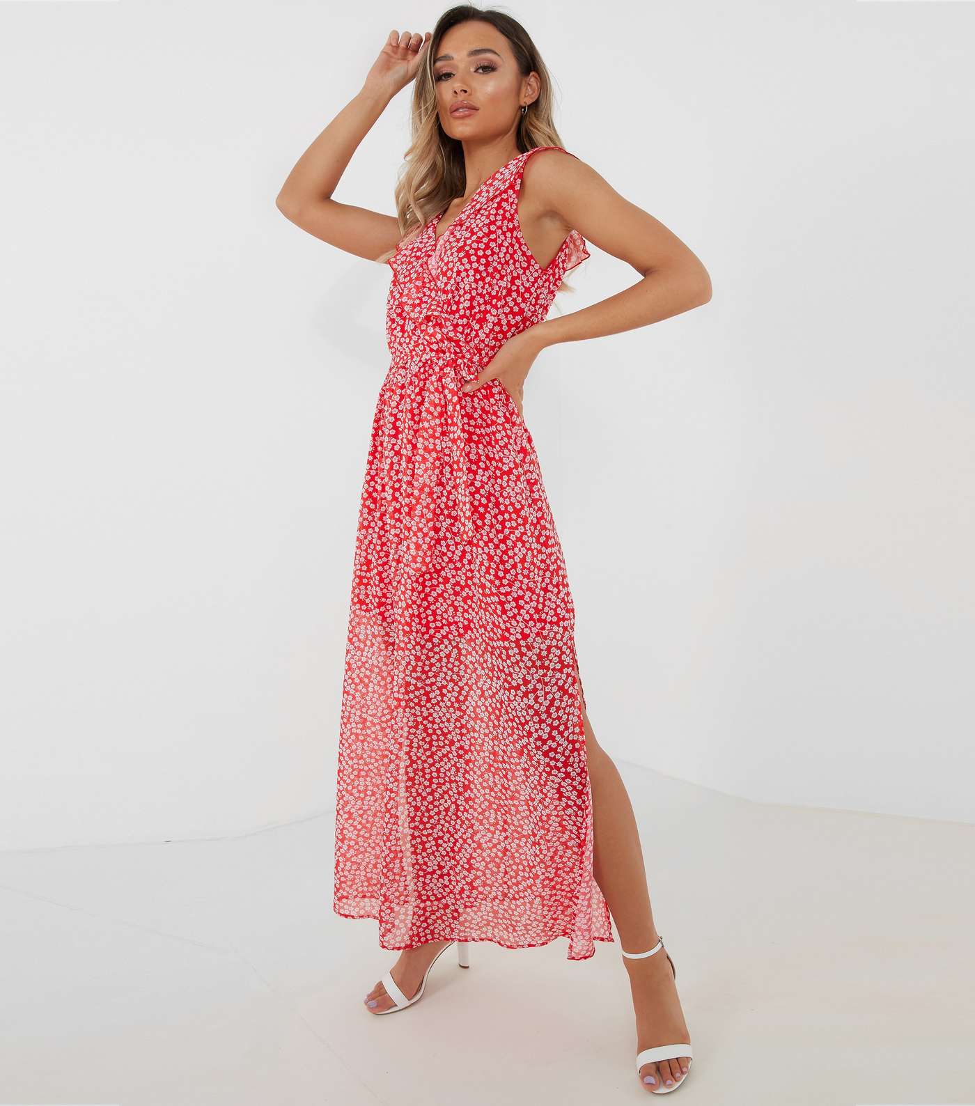 QUIZ Red Ditsy Floral Chiffon Wrap Maxi Dress Image 2