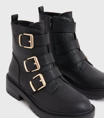 Girls Black Triple Buckle Chunky Biker Boots New Look