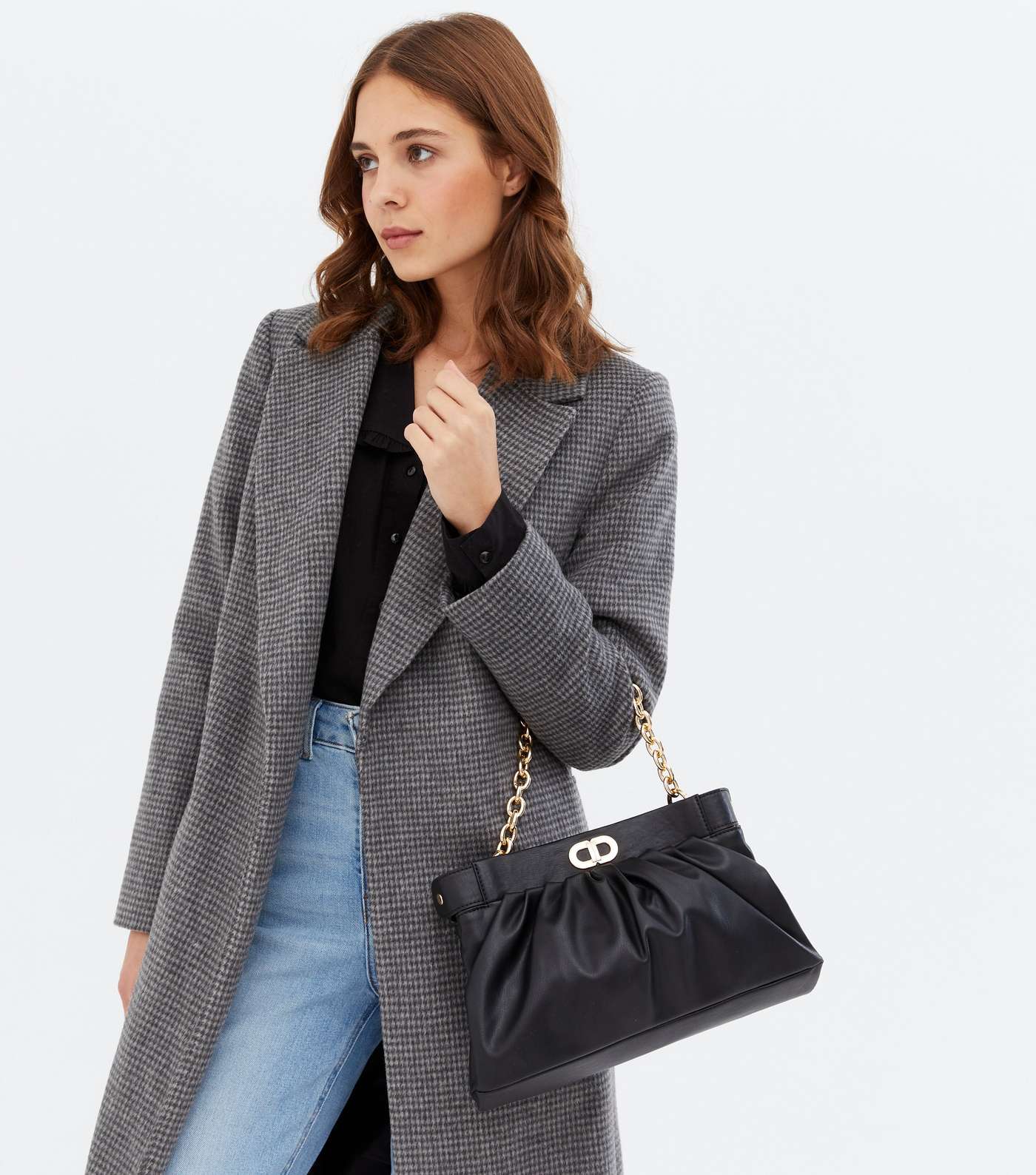 Black Ruched Leather-Look Chain Shoulder Bag Image 2