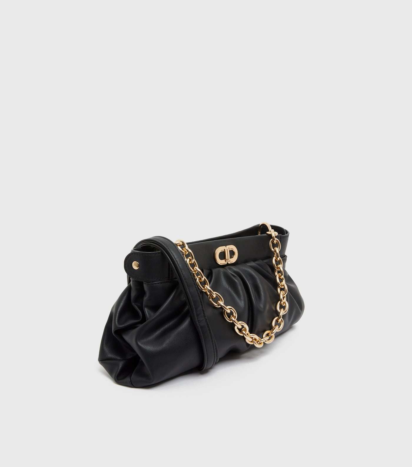 Black Ruched Leather-Look Chain Shoulder Bag Image 6