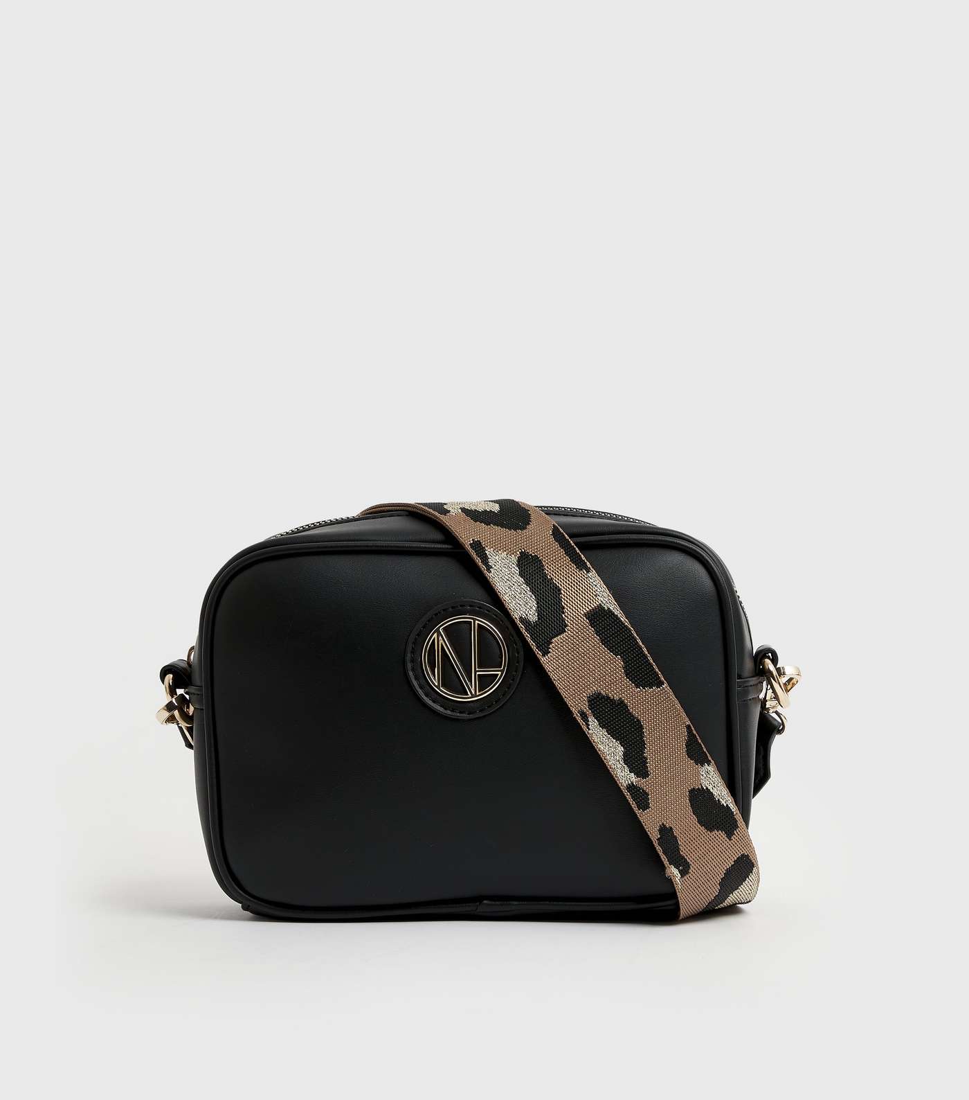 Black Leopard Print Leather-Look Cross Body Bag