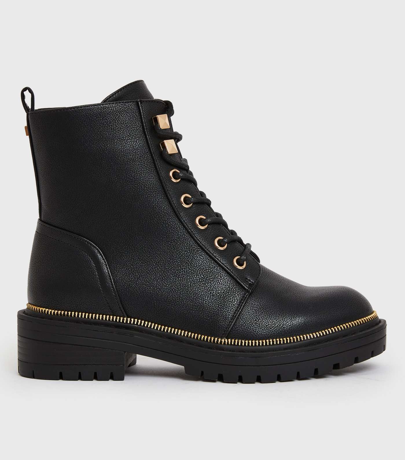 Girls Black Leather-Look Zip Trim Lace Up Chunky Boots