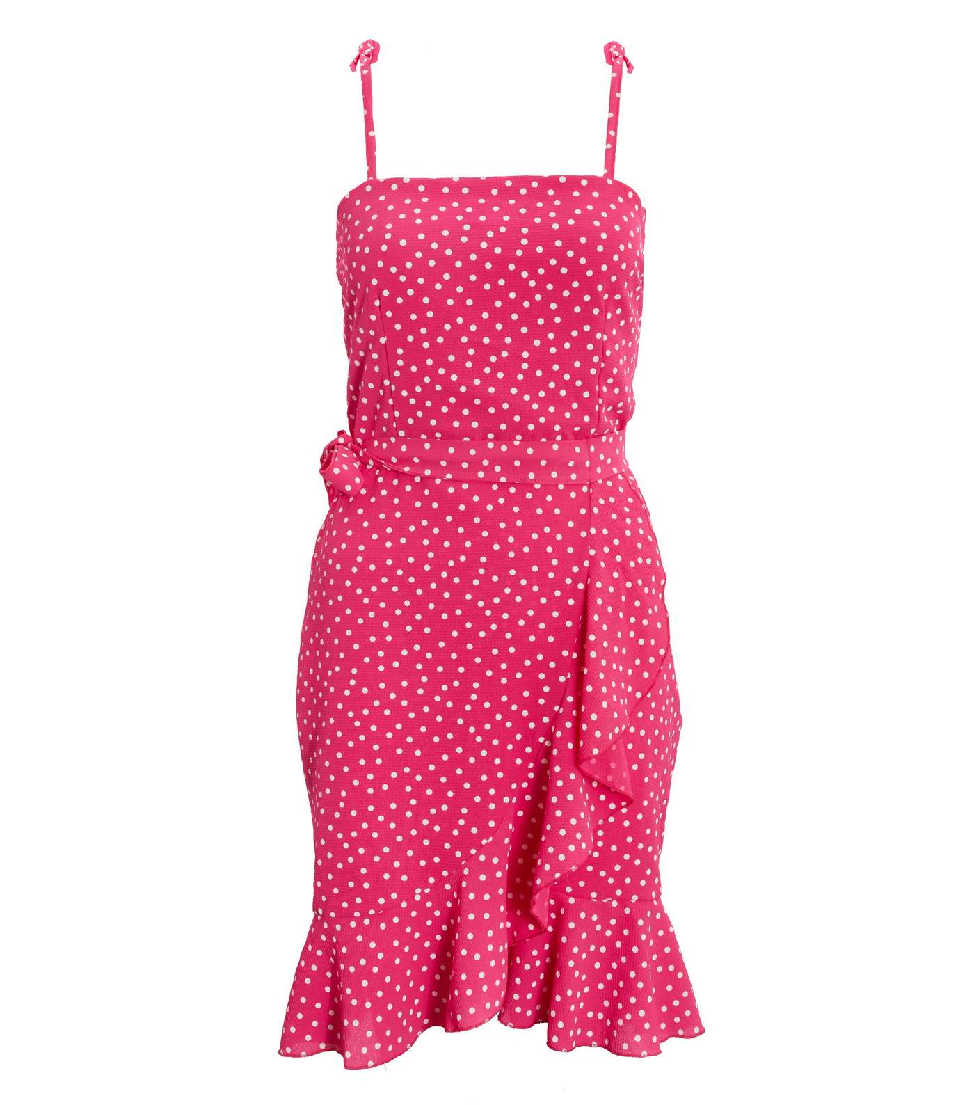 QUIZ Bright Pink Polka Dot Ruffle Mini Dress Image 4