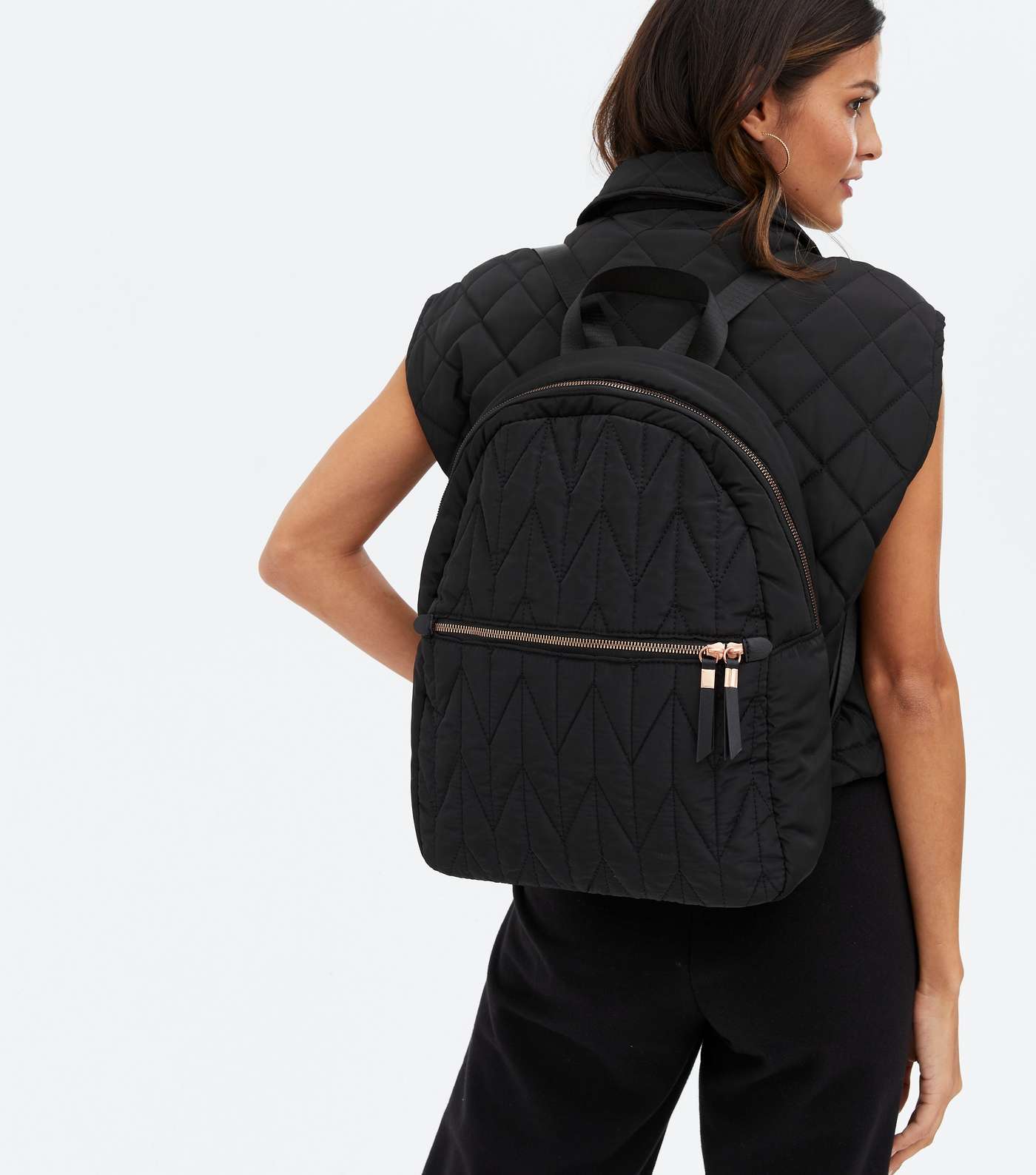 Black Quilted Zip Pocket Backpack Image 2
