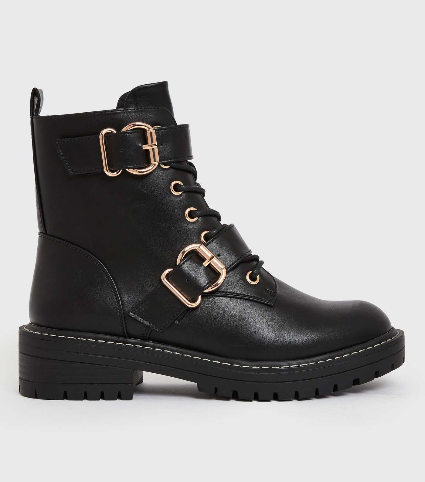 Girls Black Lace Up Buckle Chunky Biker Boots