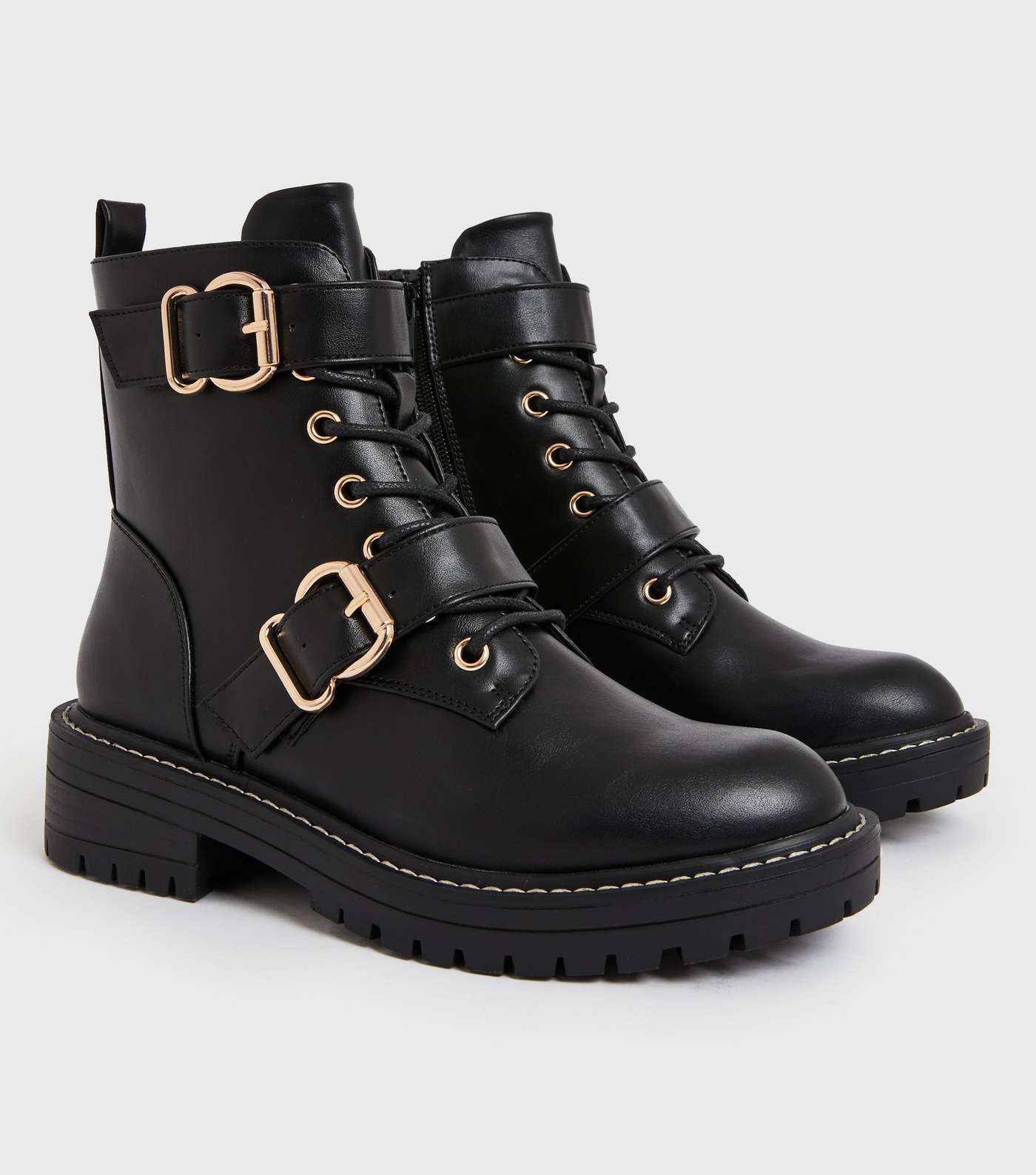 Girls Black Lace Up Buckle Chunky Biker Boots Image 3