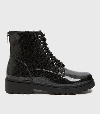Black patent glitter chunky ankle boots store