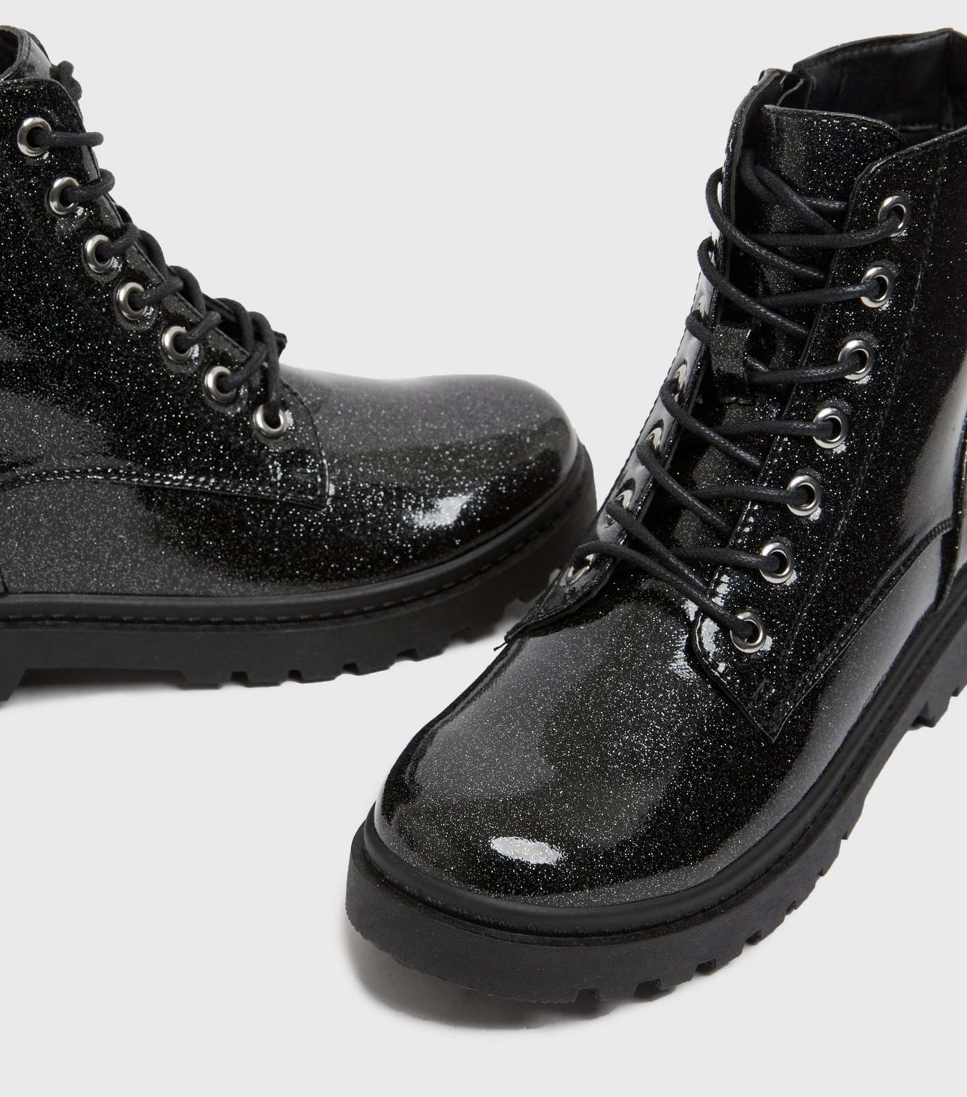 Girls Black Patent Glitter Chunky Boots Image 4
