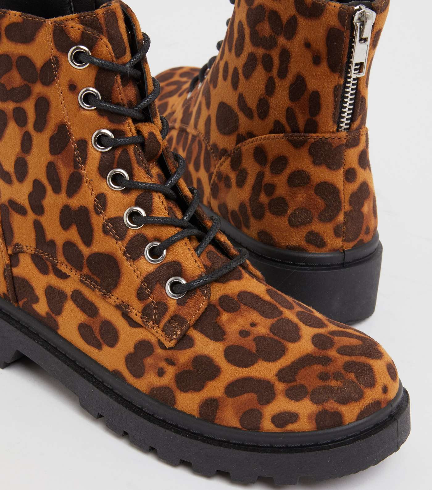 Girls Tan Leopard Print Suedette Lace Up Chunky Ankle Boots Image 4