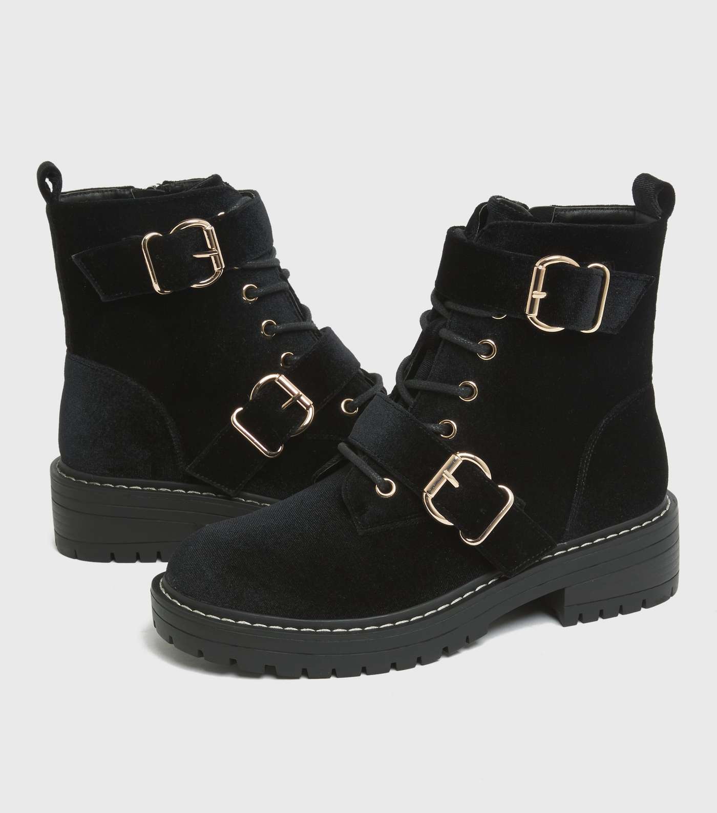Girls Black Suedette Double Buckle Chunky Ankle Boots Image 3