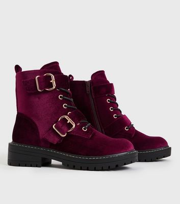 Click to view product details and reviews for Girls Dark Red Velvet Double Buckle Chunky Ankle Boots New Look Vegan.