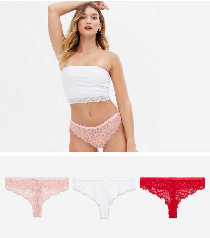 3 Pack Pink White and Red Floral Lace Thongs