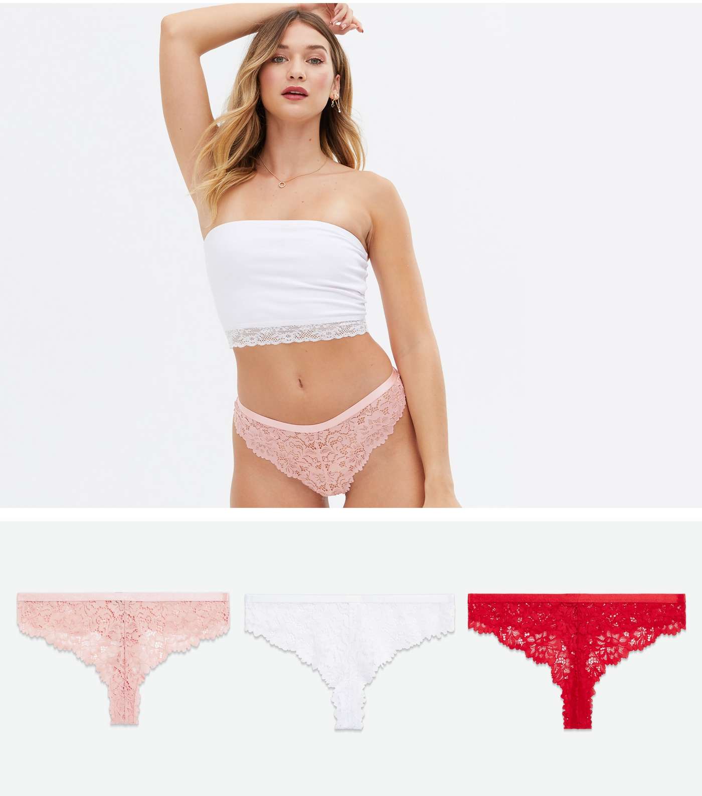 3 Pack Pink White and Red Floral Lace Thongs