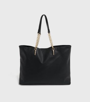 Black Leather-Look Chain Strap Tote Bag