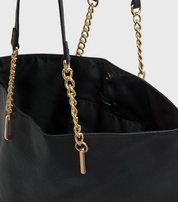 Black Leather-Look Chain Strap Tote Bag