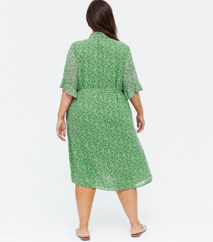 Yumi Curves Green Ditsy Floral Midi Shirt Dress New Look