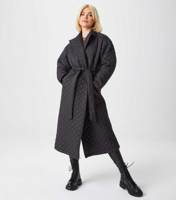 Urban Bliss Black Quilted Long Belted Coat New Look