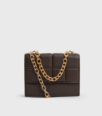 Dark Brown Quilted Leather Look Chain Shoulder Bag