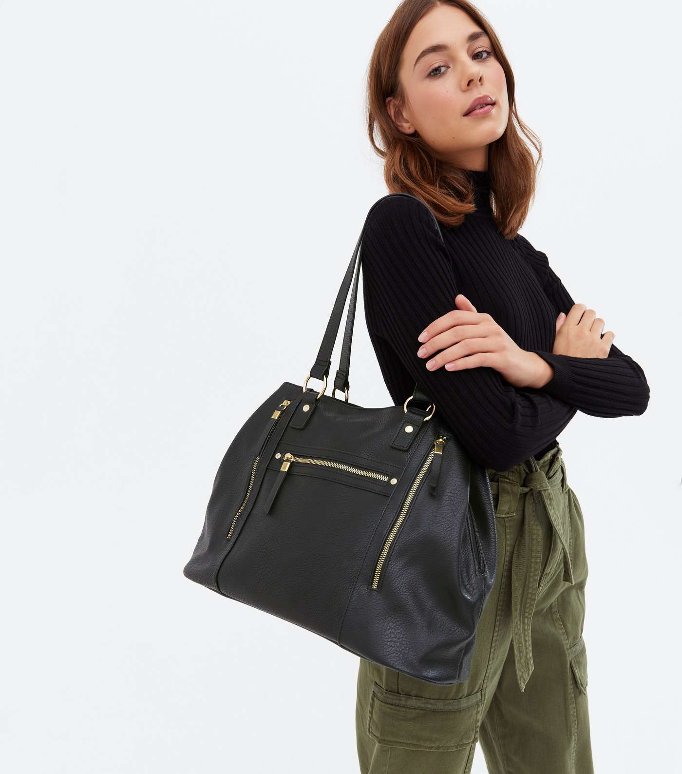 Black Leather-Look Zip Tote Bag Image 2