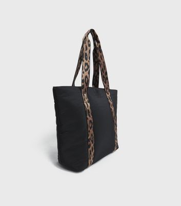 Black Leopard Print Strap Tote Bag New Look