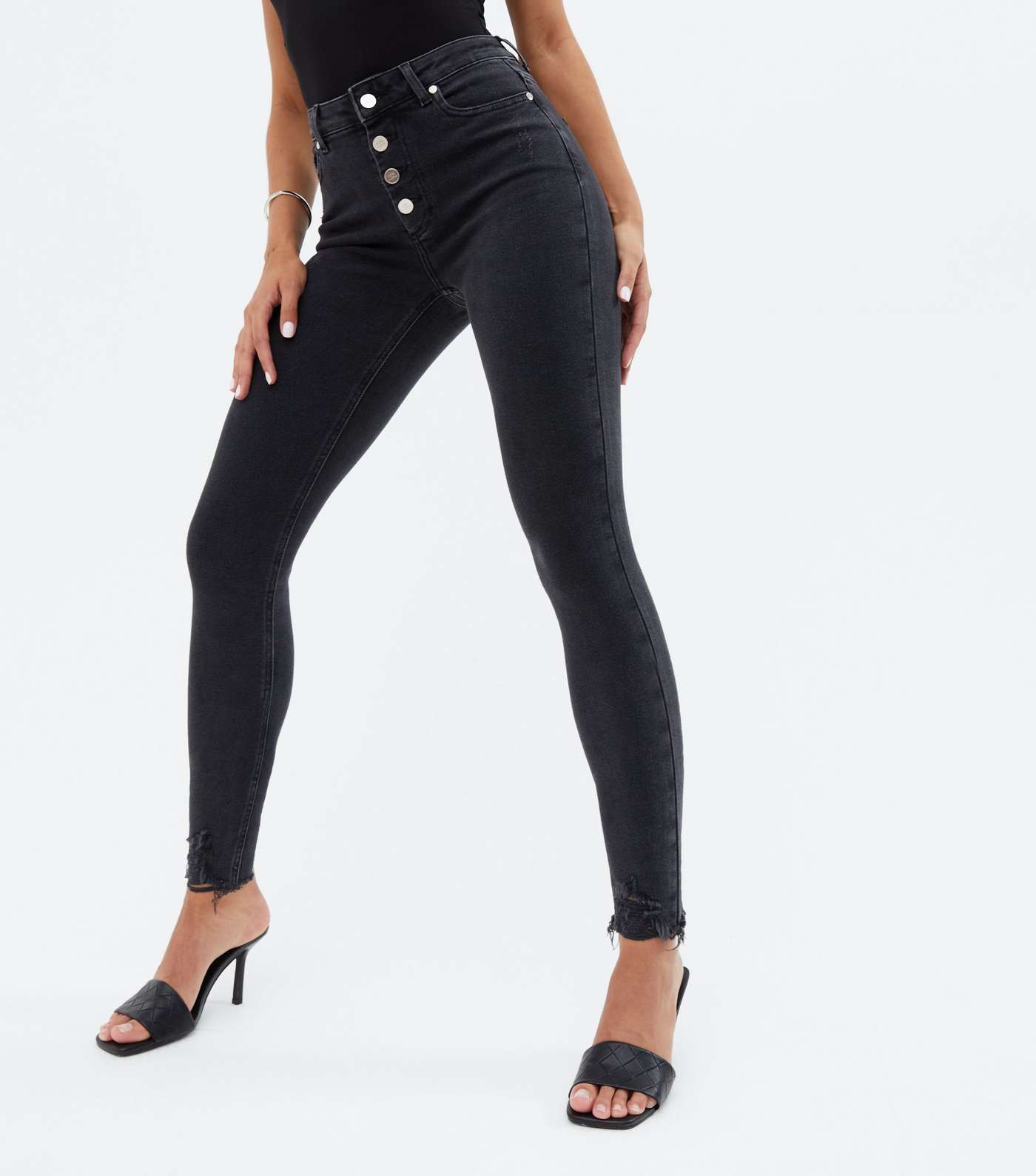 Little Mistress Black Frayed Hem Button Skinny Jeans Image 2