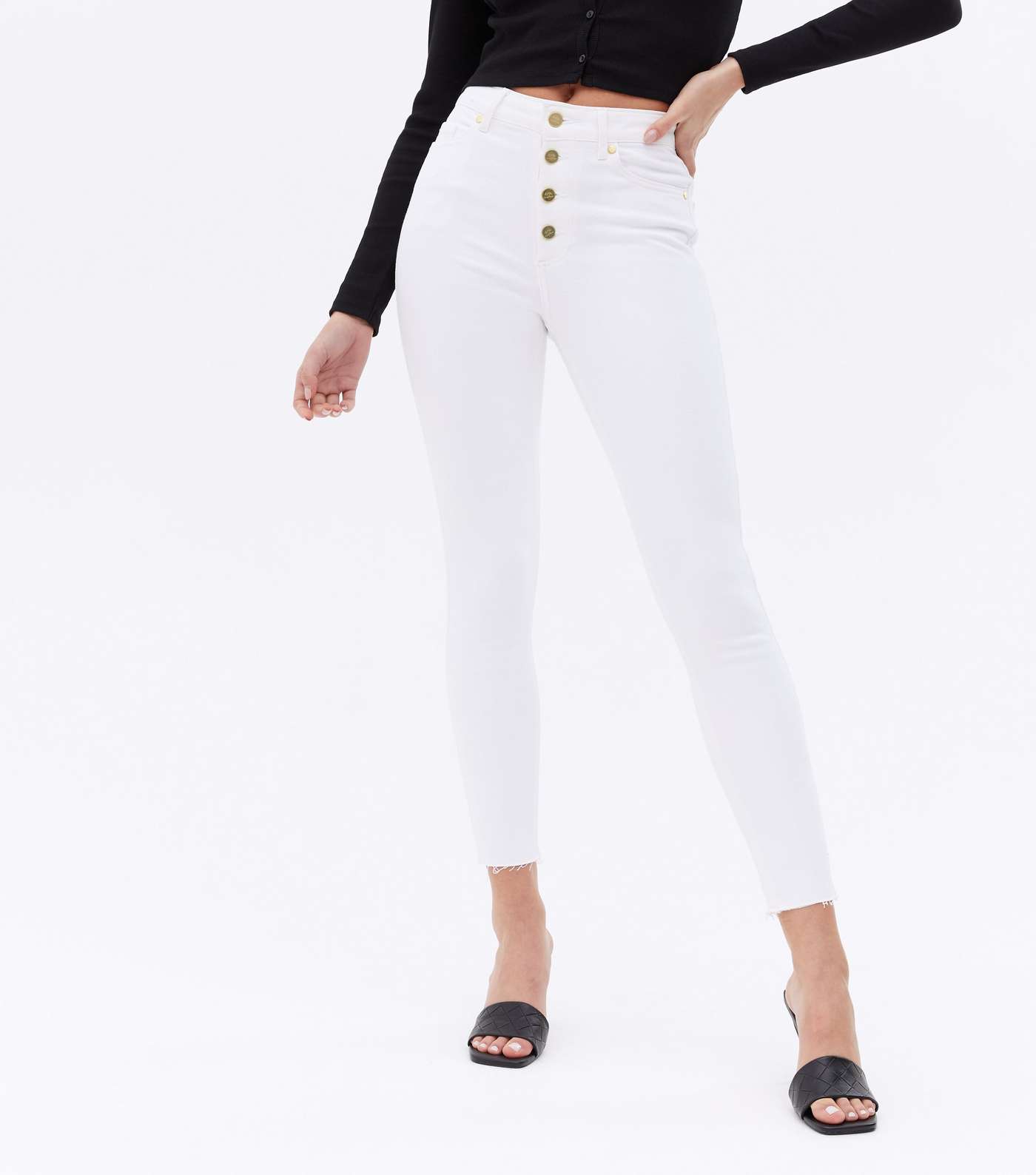 Little Mistress White Frayed Hem Button Skinny Jeans Image 2