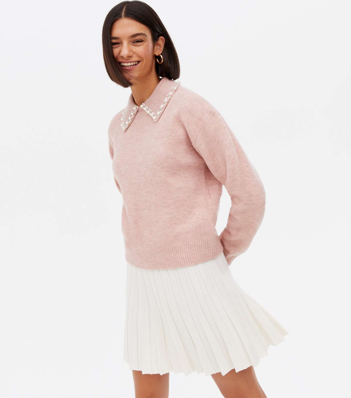 Mid Pink Faux Pearl Embellished Collar Jumper