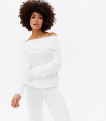 White Fluffy Knit Bardot Jumper New Look