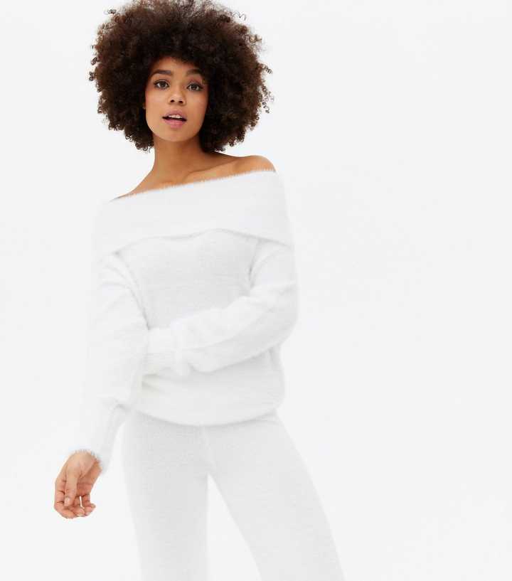 White Fluffy Knit Bardot Jumper