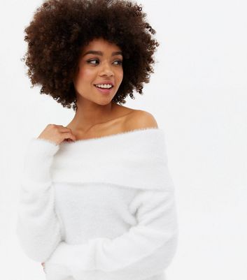 White Fluffy Knit Bardot Jumper New Look