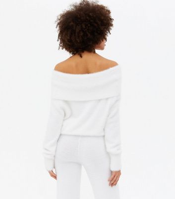 White fluffy 2025 bardot jumper