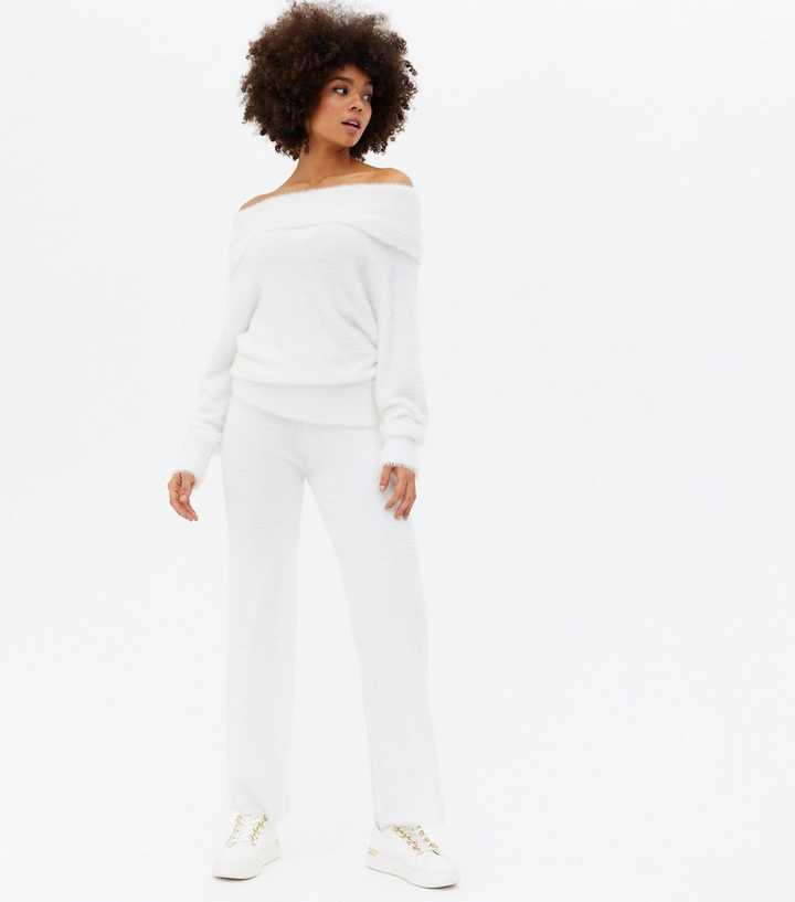 White Fluffy Knit Trousers