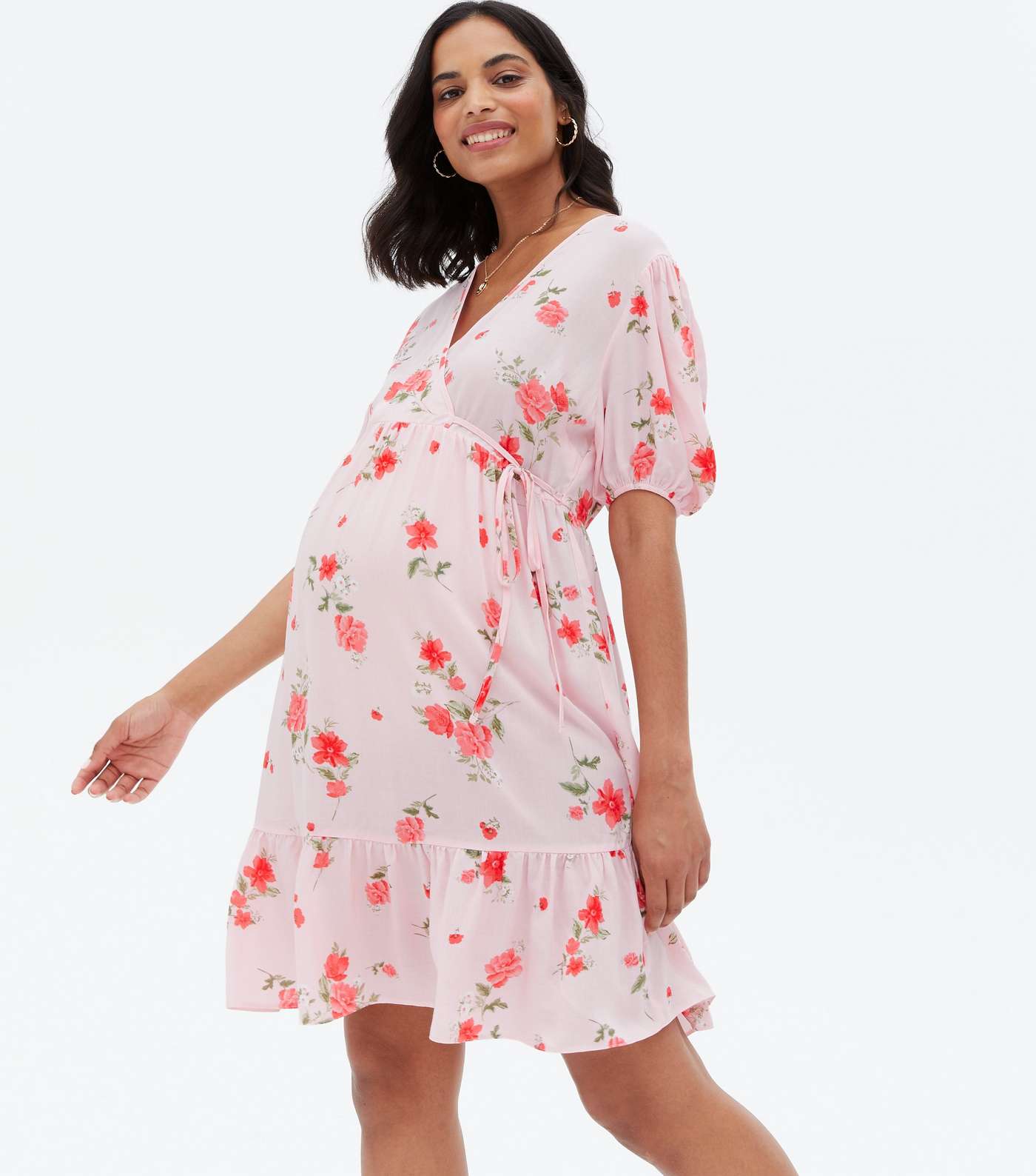Maternity Pink Floral Puff Sleeve Mini Wrap Dress