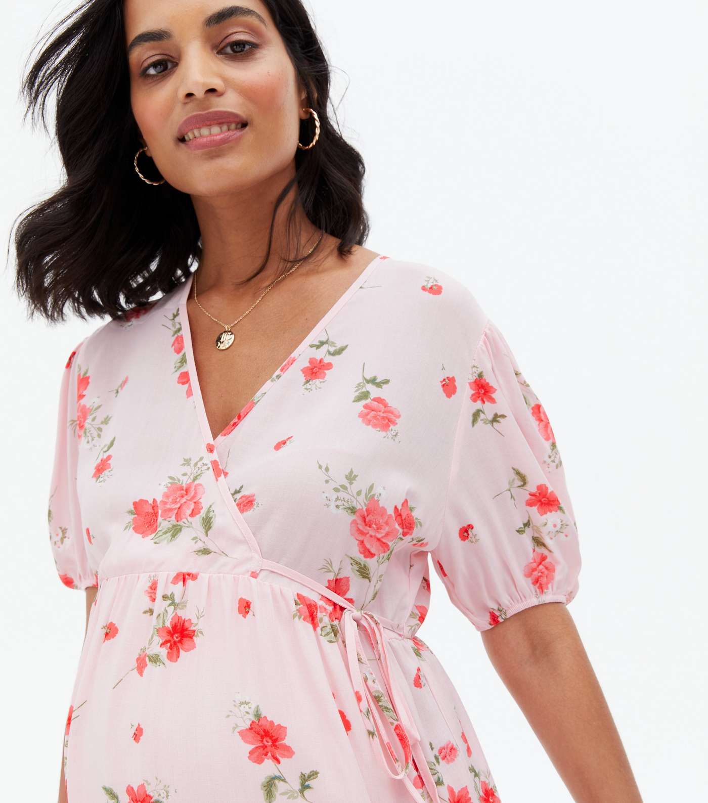 Maternity Pink Floral Puff Sleeve Mini Wrap Dress Image 3