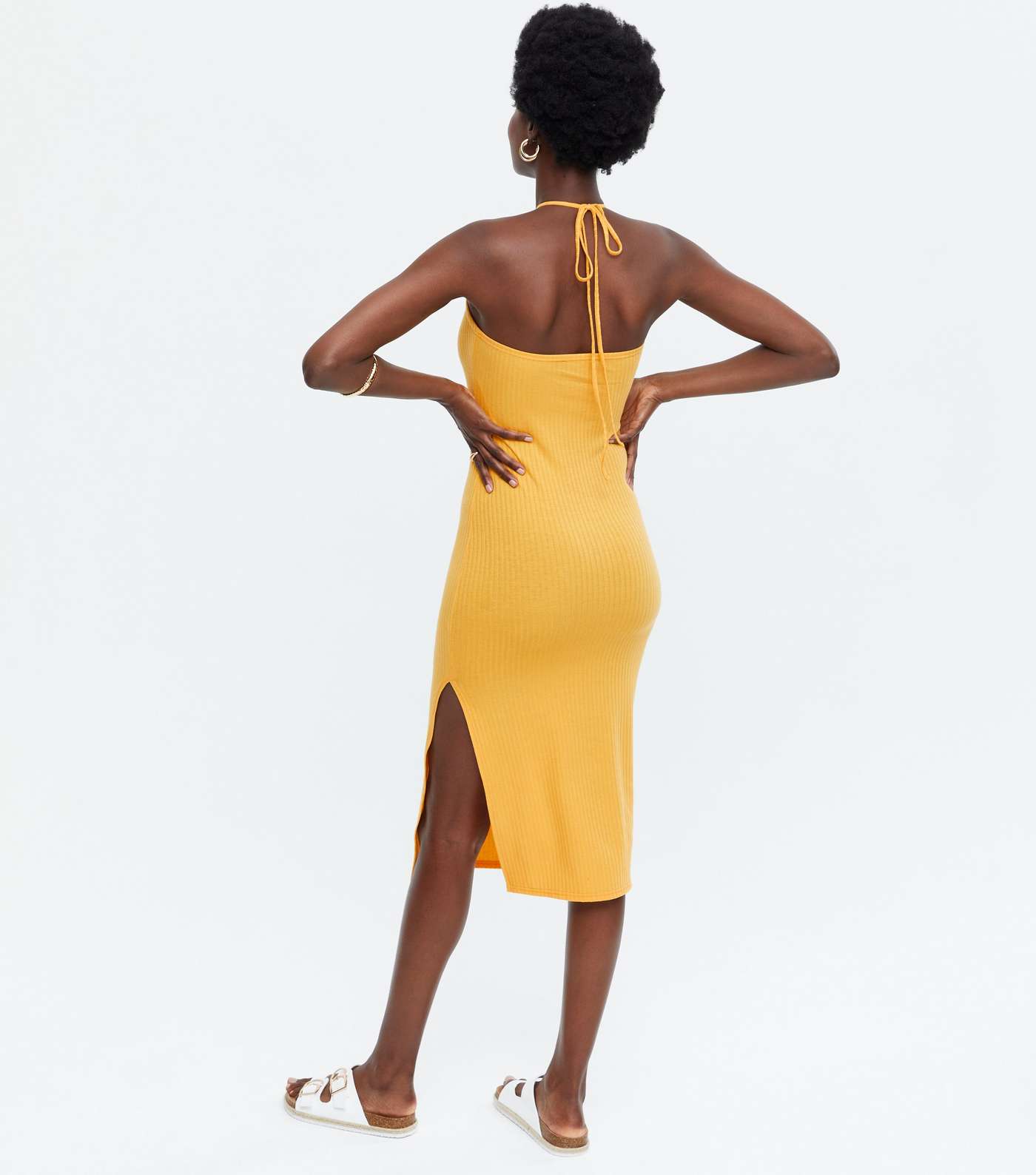 Yellow Ribbed Cut Out Halter Midi Dress Image 4