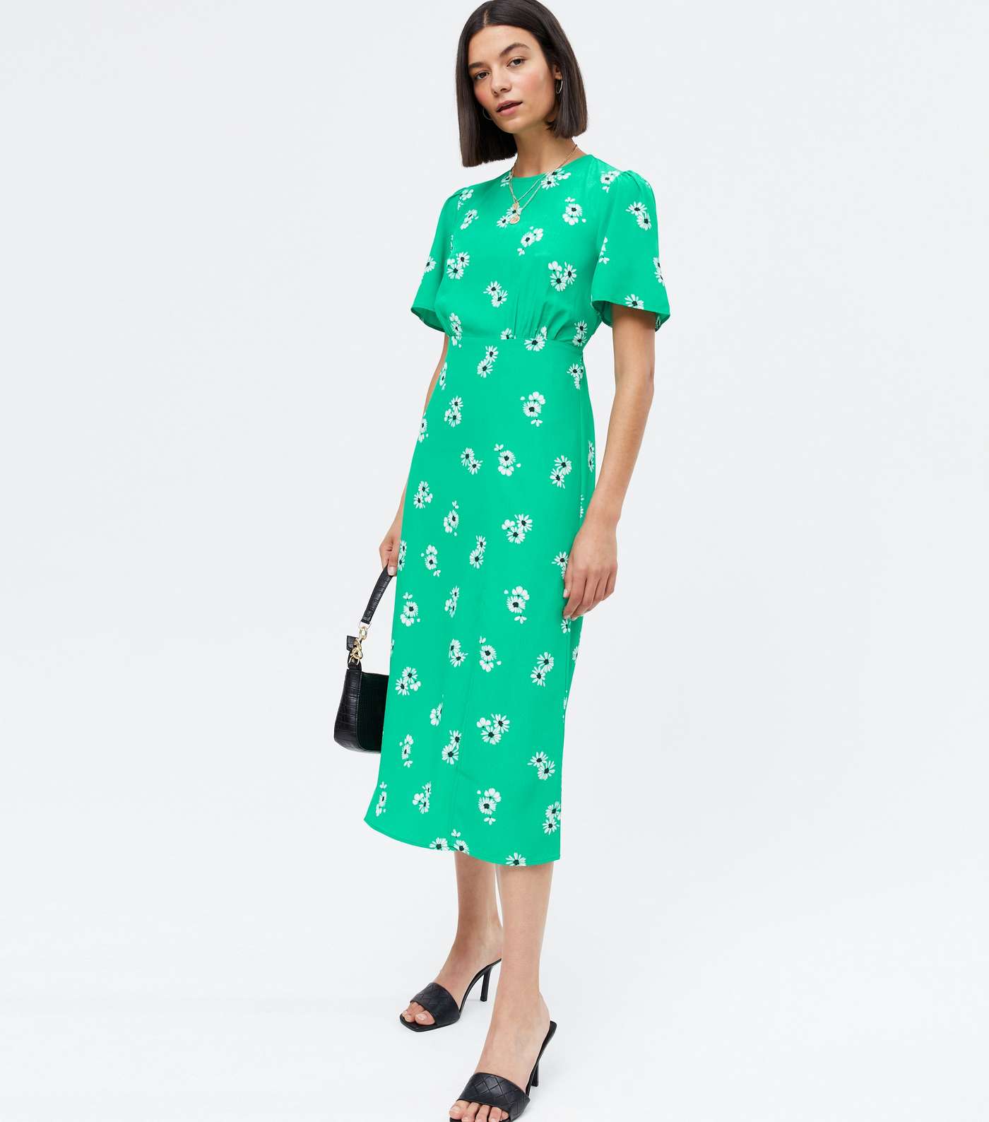 Green Daisy Flutter Sleeve Split Midi Dress Image 2