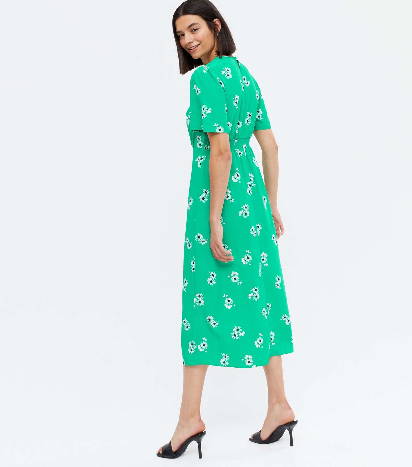 Green Daisy Flutter Sleeve Split Midi Dress Image 4