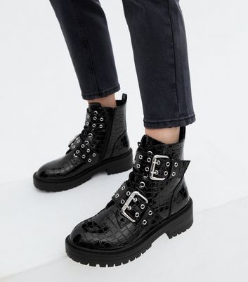 Black croc biker boots hotsell