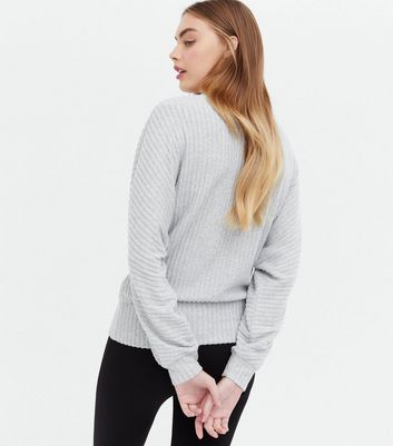 Click to view product details and reviews for Pale Grey Ribbed Fine Knit Wrap Deep Hem Top New Look.