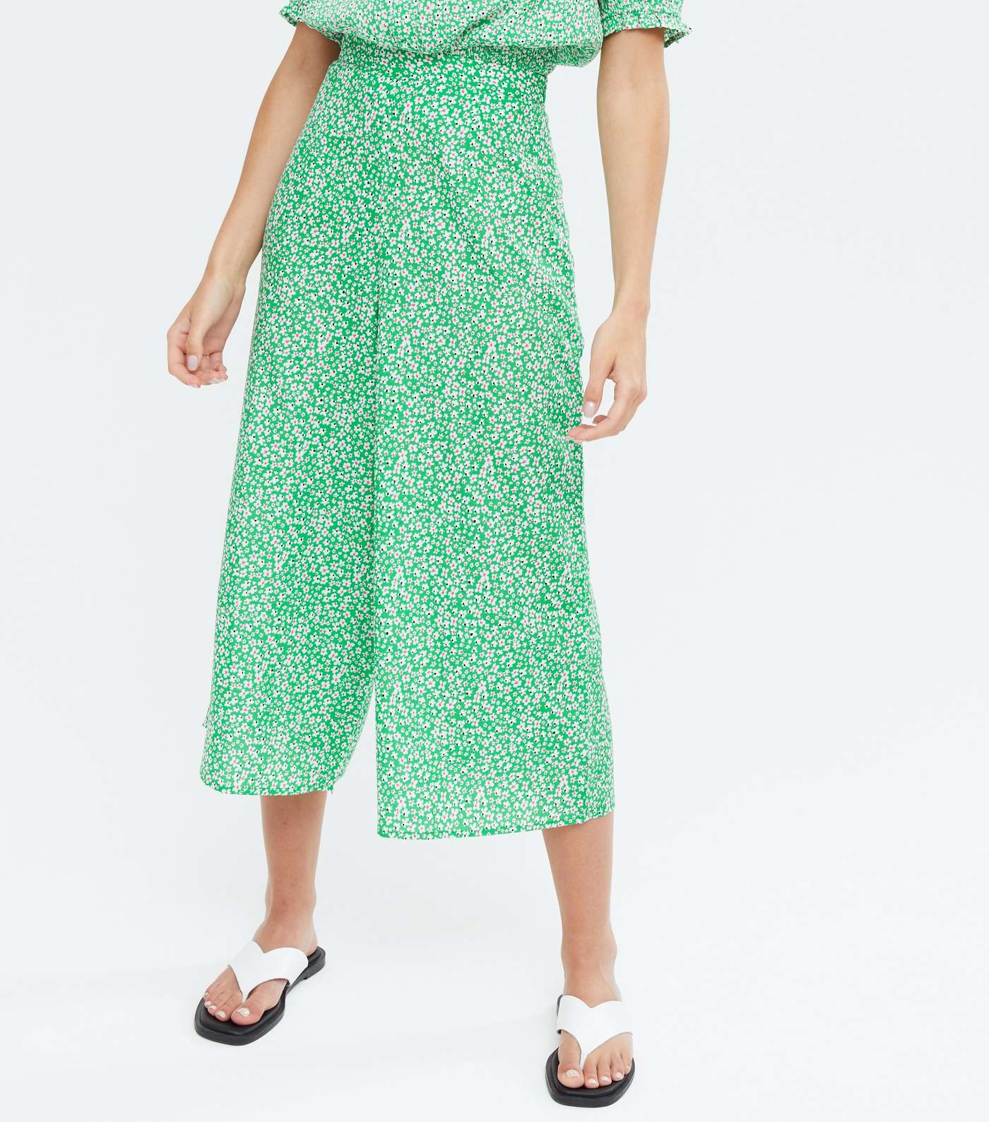 Green Ditsy Floral Wide Leg Crop Trousers Image 2